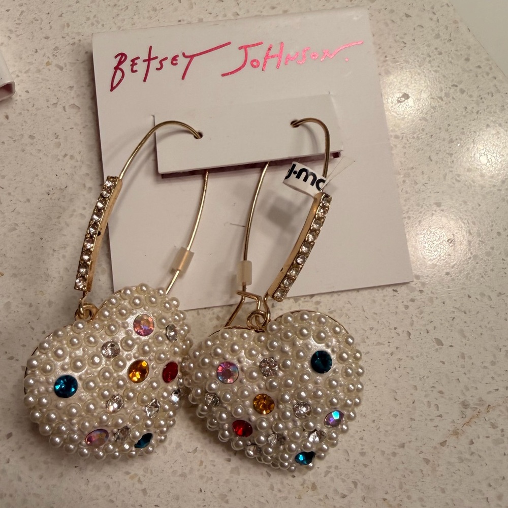 Betsey Johnson Pearl Heart Earrings with Colorful Gems